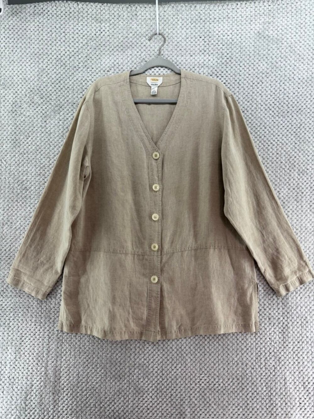 VTG Talbots Irish Linen Tunic Button Front Shirt Womens L Beige V-Neck Capsule